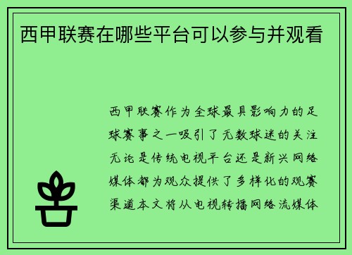 西甲联赛在哪些平台可以参与并观看